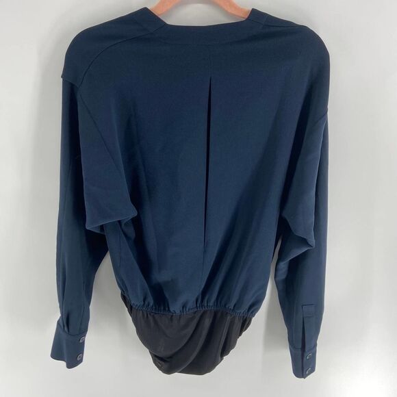 Tibi Coastal Blue Navy Long Sleeve V neck Wrap Bodysuit NWT Womens 2 MSRP 385$ - Picture 7 of 8